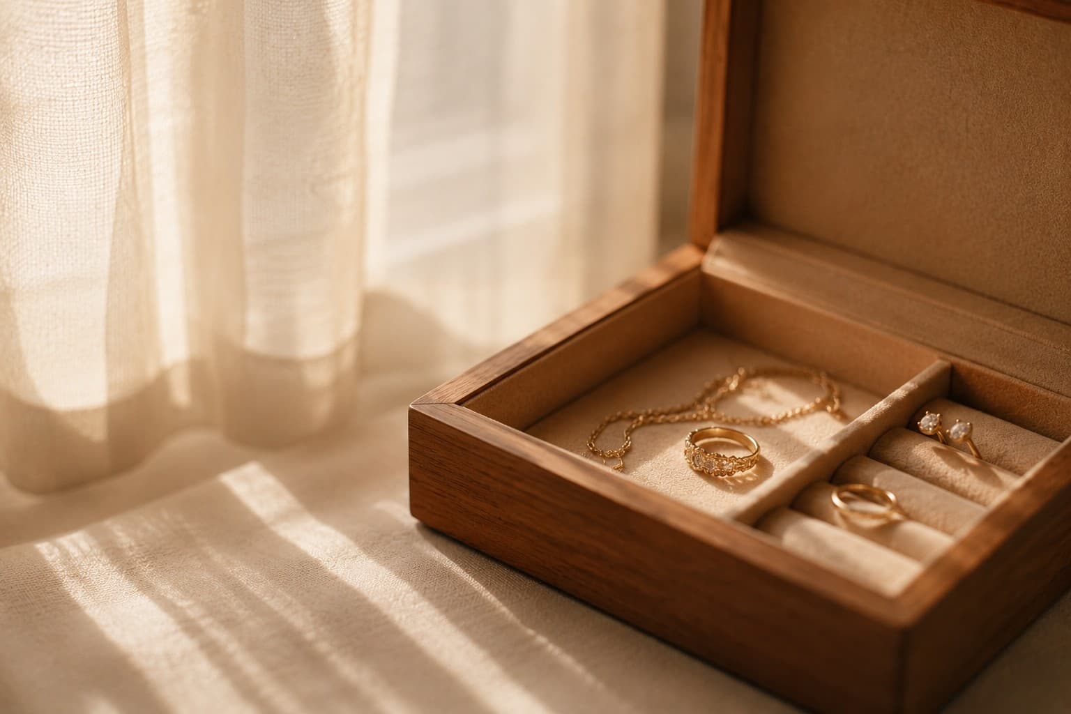 Soft light falling on a small wooden jewellery box