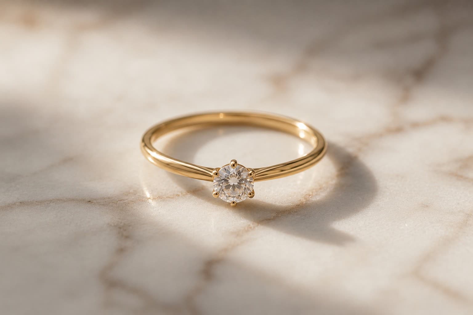 A delicate diamond solitaire ring on a marble surface