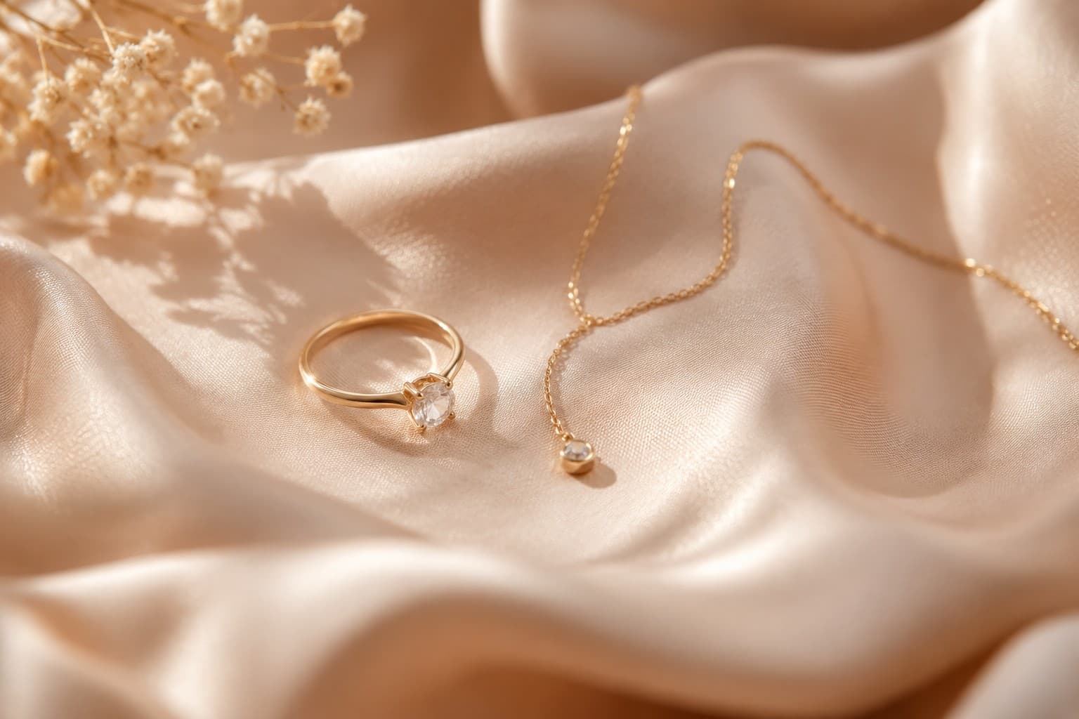 A delicate gold ring and thin chain necklace on soft fabric
